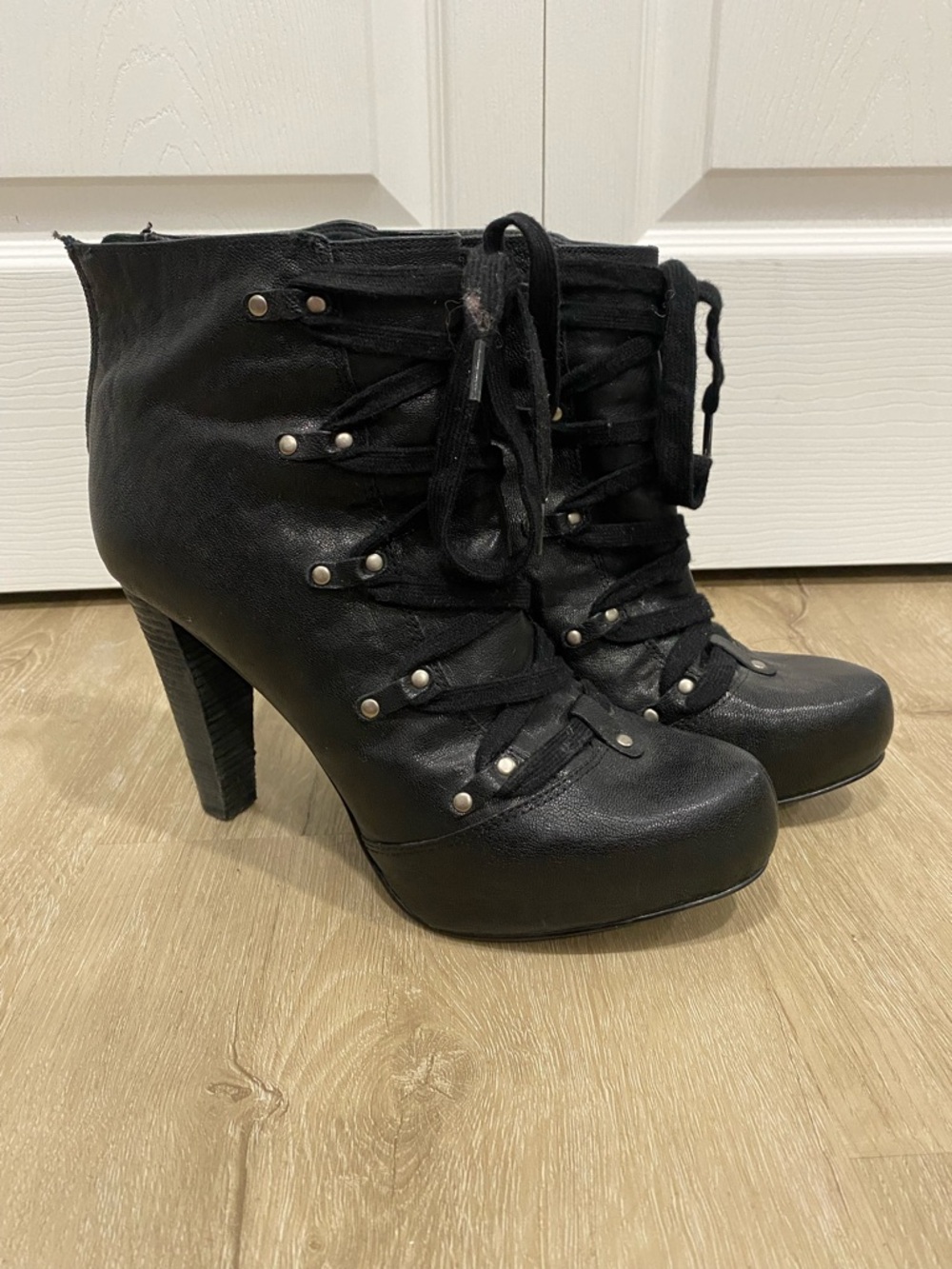 Trouve Black Lace-Up Platform Heel Ankle Boots